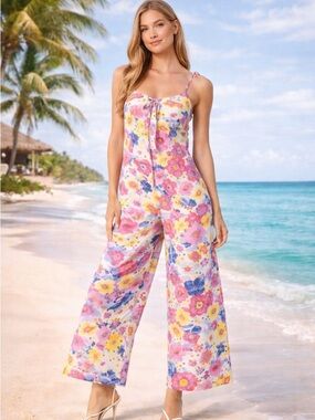 Sugarlips Boho Floral Jumpsuit Wide Leg Flowy Vacation Beach XS
